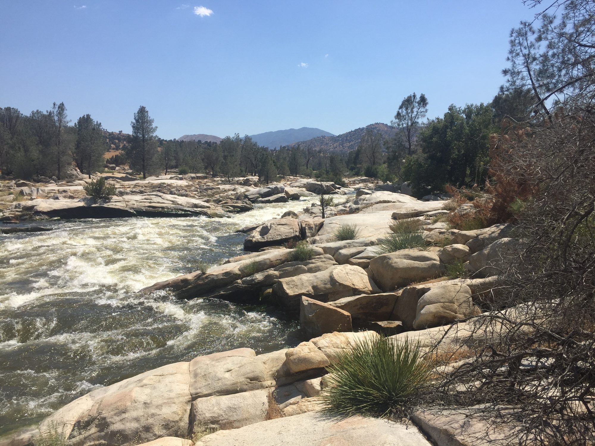 The Kern River running over pale granite boulders below oak-covered hills near Keysville, California